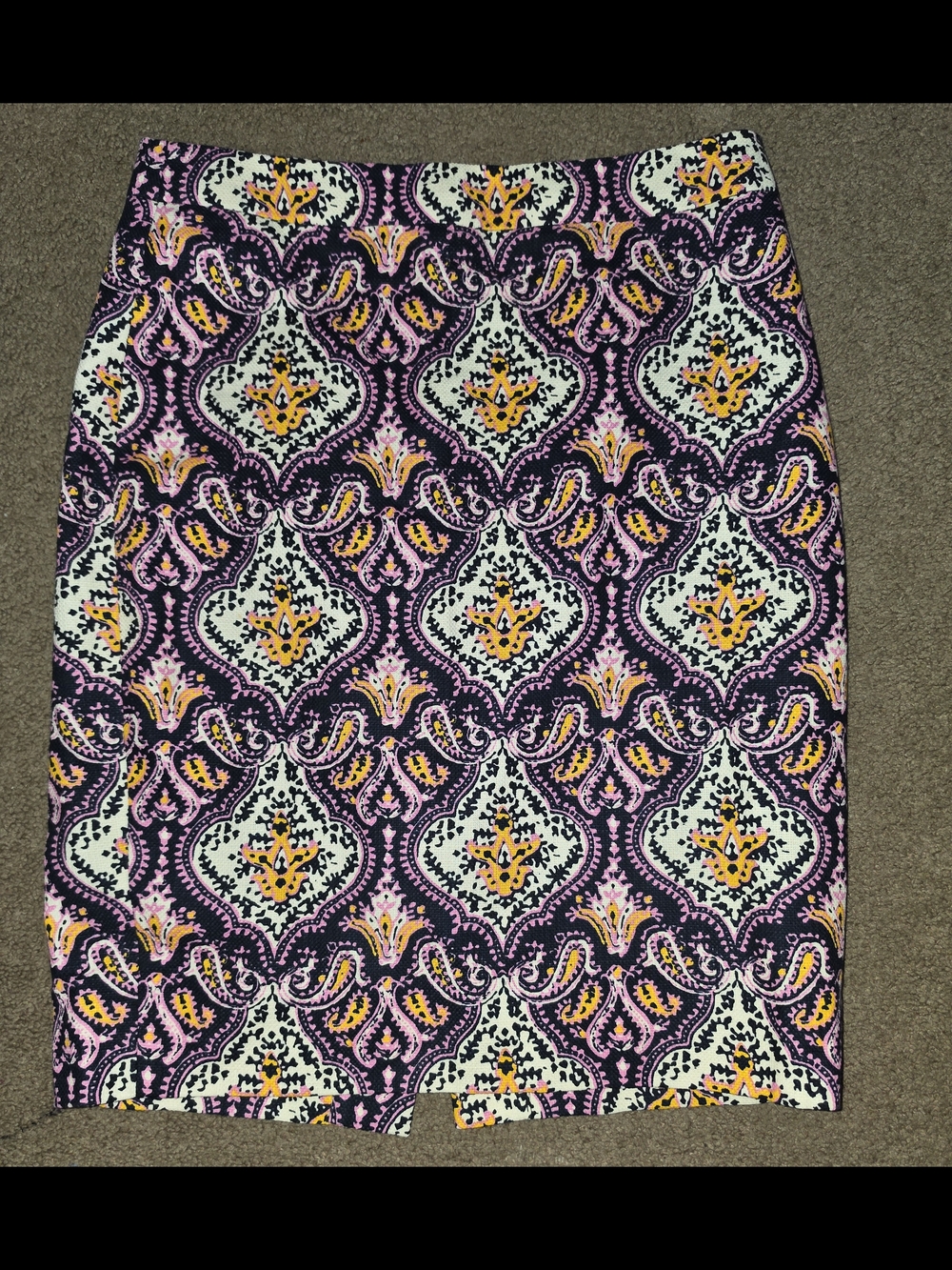 J. Crew Purple Paisley-Style Pattern Pencil Skirt with Pink and Yellow Accents